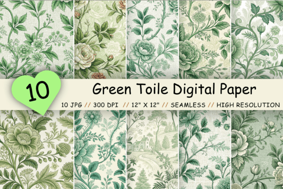 Green Toile Digital Paper, Seamless