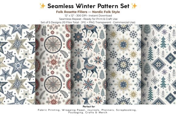 Nordic Winter Folk Rosette Digital Paper: A Cozy Addition to Scandinavian-Inspired Design Projects