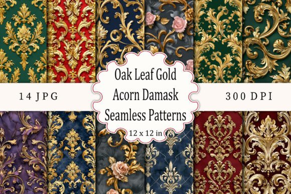 Oak Leaf Gold Acorn Damask Seamless